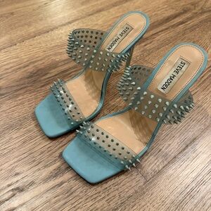 Steve Madden Womens Lunna Blue Studded Stiletto Sandals Heels Shoes 8